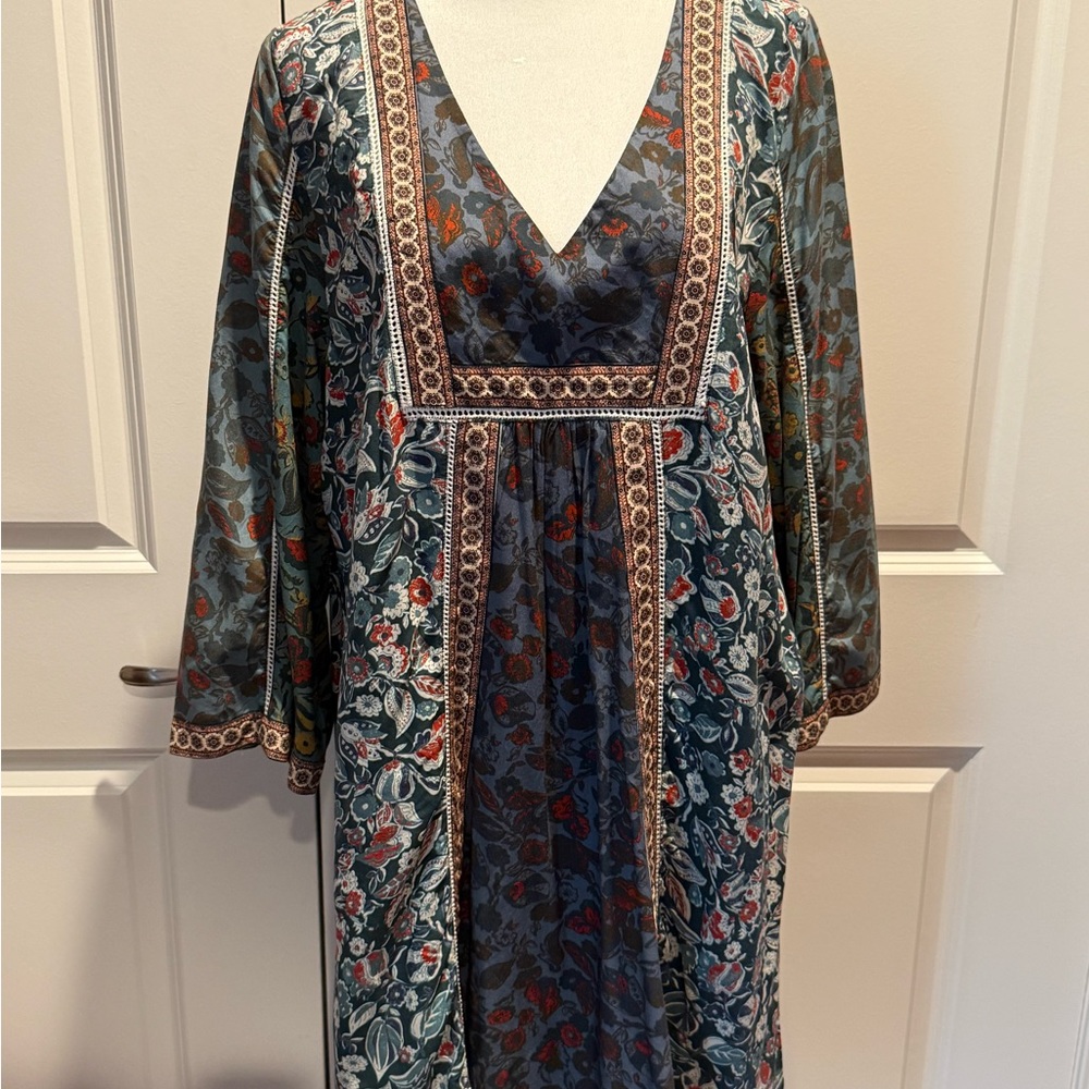 Sundance Blue and Green V-Neck Sundress with Bishop Sleeves